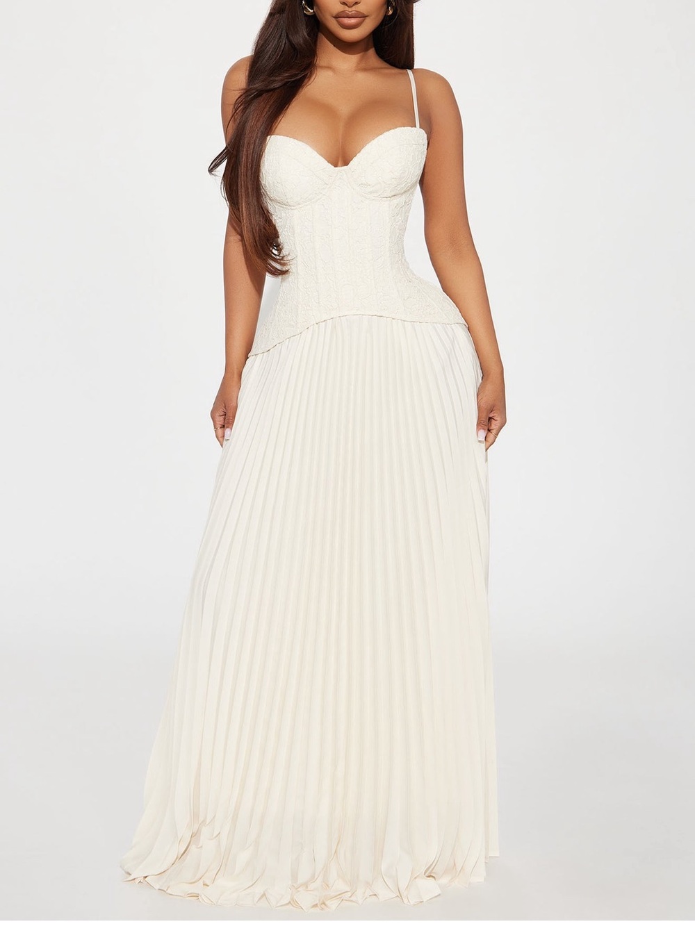Elegant Cream Pleated Maxi Dress with Corset Bodice